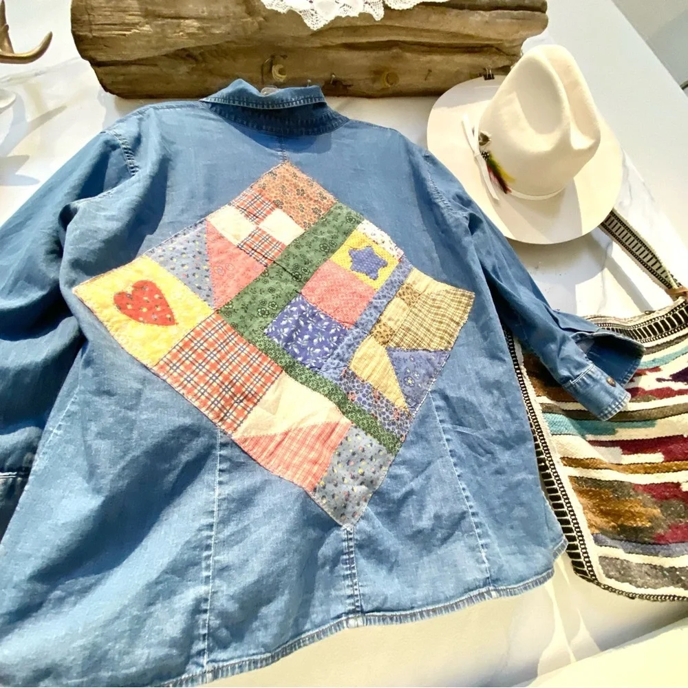 Upcycled patchwork vibe print on denim shirt w prairie country vibe - Picture 5 of 13